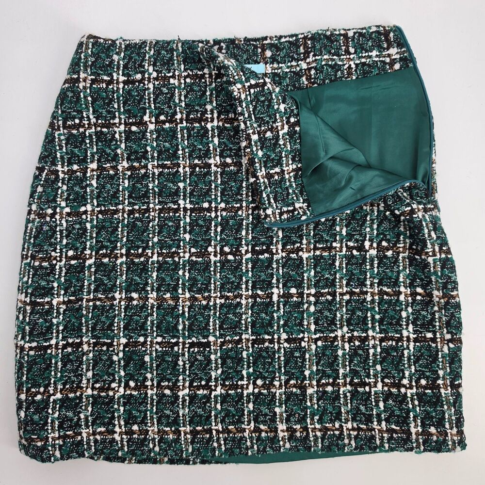 La Cite' Emerald Green Plaid Tweed Skirt Boucle Textured Lined NWT